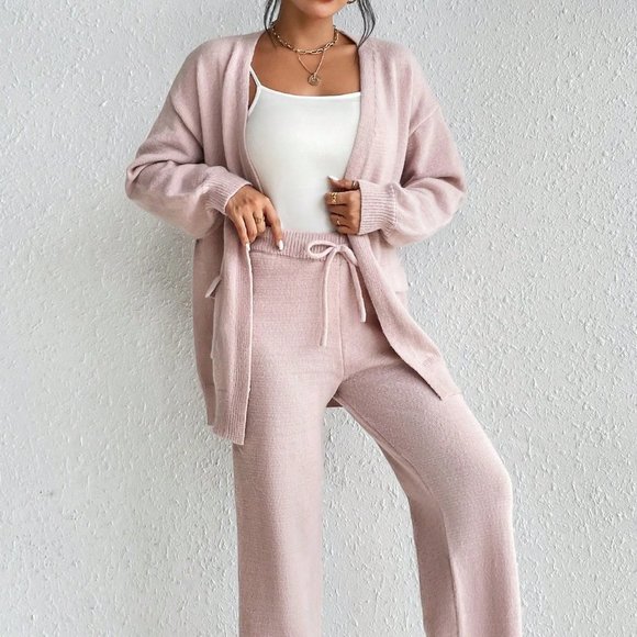 Pink Casual Womens Drop Shoulder Cardigan & Tie Front Knit Pants - Picture 6 of 6